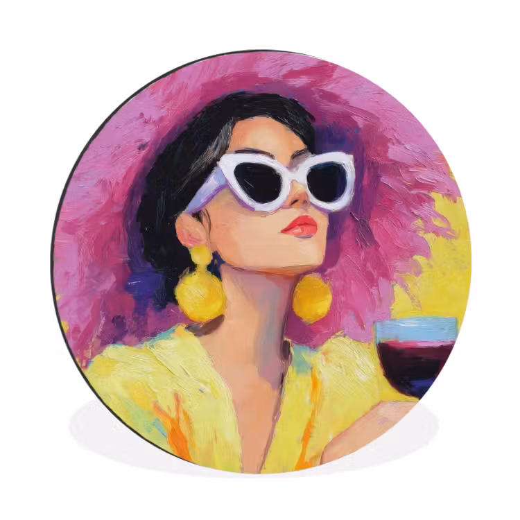 Vrouw - Hoed - Paars - Wijn Wandcirkel aluminium klein -3d