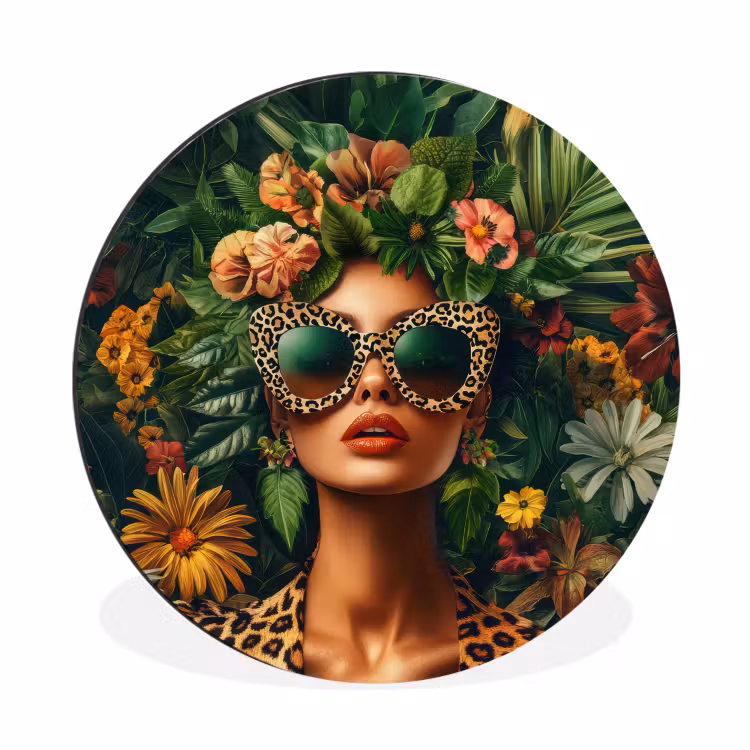 Vrouw - Panterprint - Jungle - Natuur - Luxe Wandcirkel aluminium klein -3d