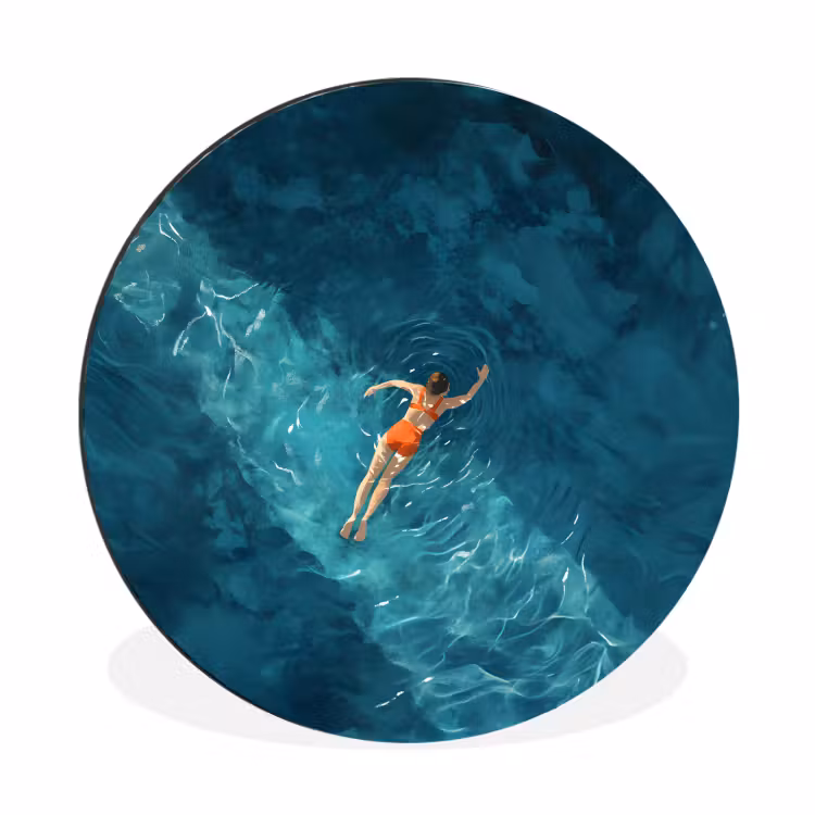 Vrouw - Water - Bikini - Oranje Wandcirkel aluminium klein -3d