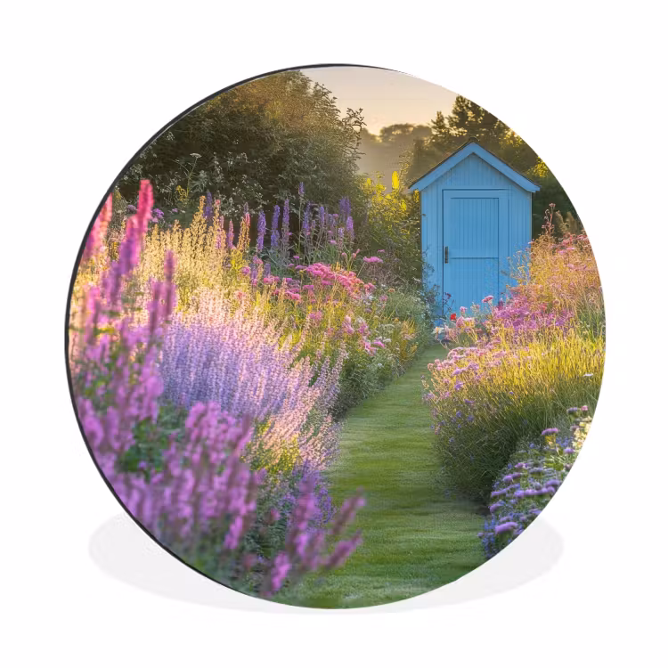 Tuinhuisje - Blauw - Bloemen Wandcirkel aluminium klein -3d