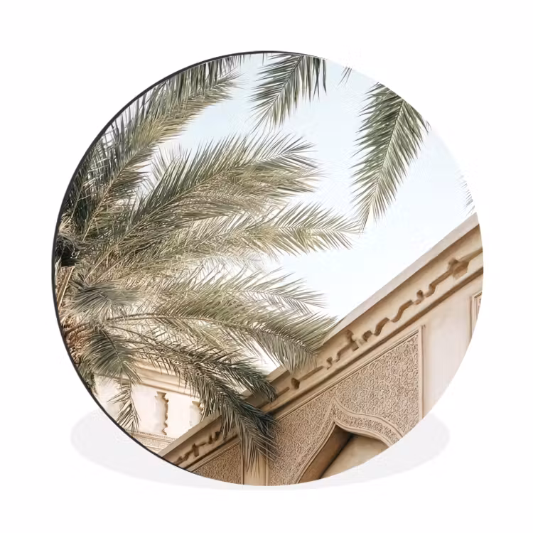 Gebouw - Palmbomen - Beige - Zon Wandcirkel aluminium klein -3d