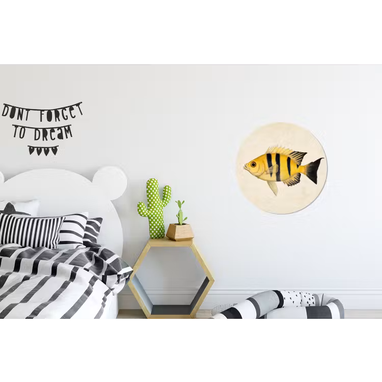 Geel - Vis - Strepen - Tropisch Wandcirkel aluminium klein -kinderkamer