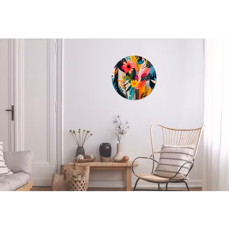 Schilderij - Abstract - Bloemen - Roze Wandcirkel aluminium klein -woonkamer