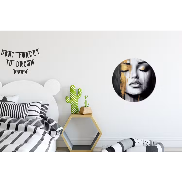 Gezicht - Vrouw - Penseelstreken - Abstract Wandcirkel aluminium klein -kinderkamer