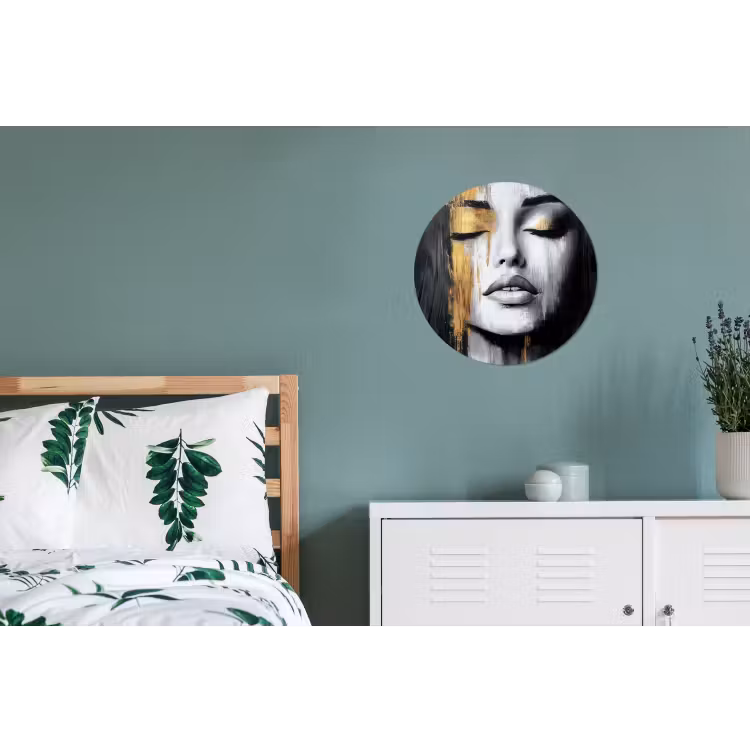 Gezicht - Vrouw - Penseelstreken - Abstract Wandcirkel aluminium klein -slaapkamer