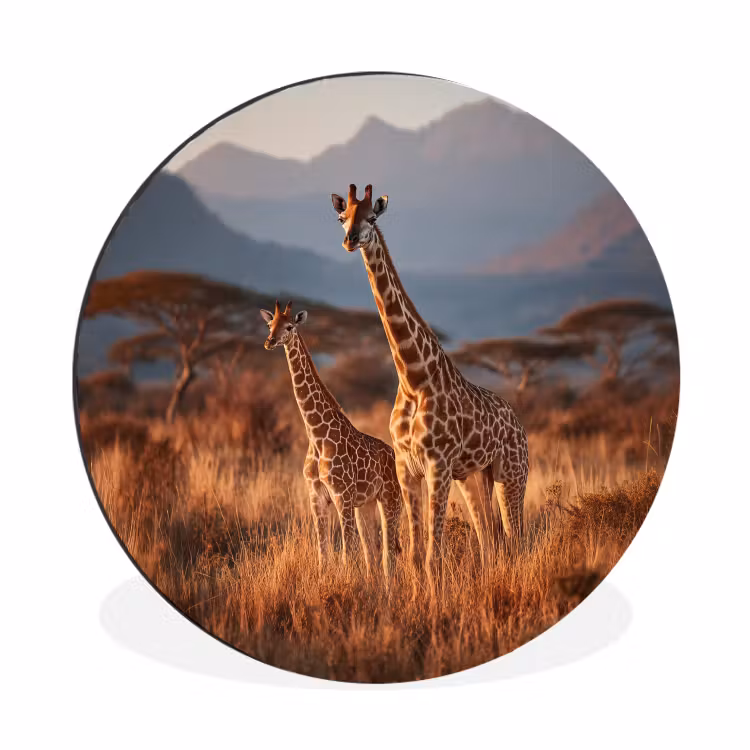 Giraffen - Hoog gras - Acaciabomen Wandcirkel aluminium klein -3d