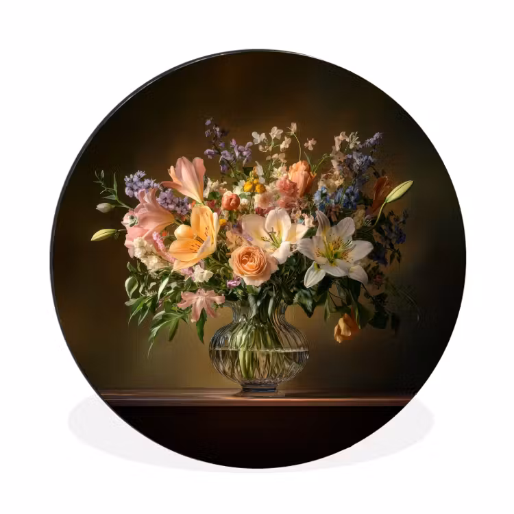 Glazen - Bloemen - Boeket - Kleuren Wandcirkel aluminium klein -3d
