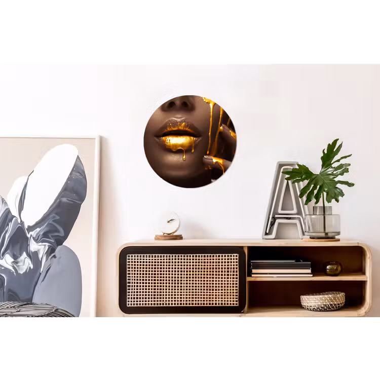 Goud - Vrouw - Verf - Lippen - Luxe Wandcirkel aluminium klein -kantoor