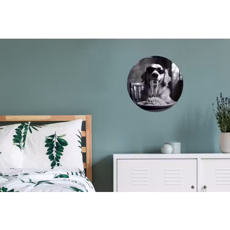 Golden Retriever - Hond - Vrolijk - Bord spaghetti - Zwart - wit Wandcirkel aluminium klein -slaapkamer