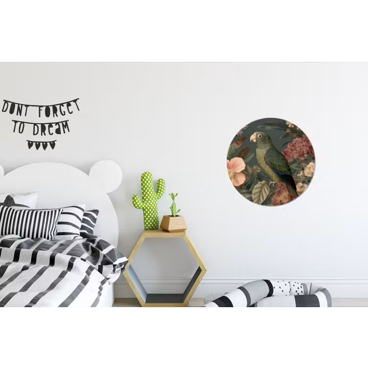Groene papegaai - Kleurrijke bloemen - Donkere achtergrond Wandcirkel aluminium klein -kinderkamer