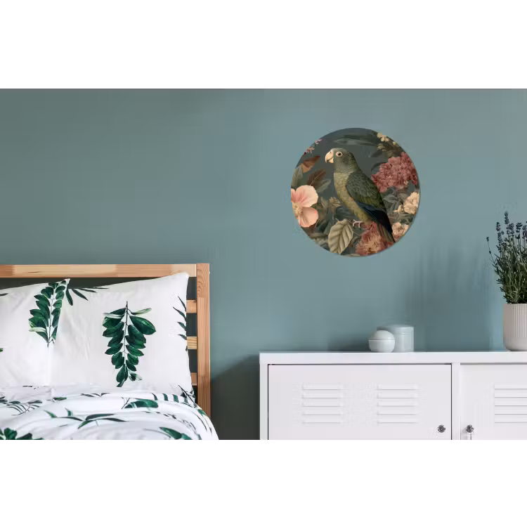 Groene papegaai - Kleurrijke bloemen - Donkere achtergrond Wandcirkel aluminium klein -slaapkamer
