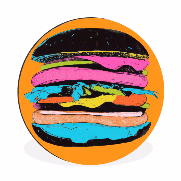 Hamburger - Kleurrijk - Speels Wandcirkel aluminium klein -3d