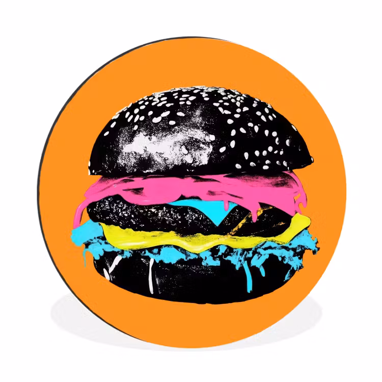 Hamburger - Oranje - Neon - popart Wandcirkel aluminium klein -3d