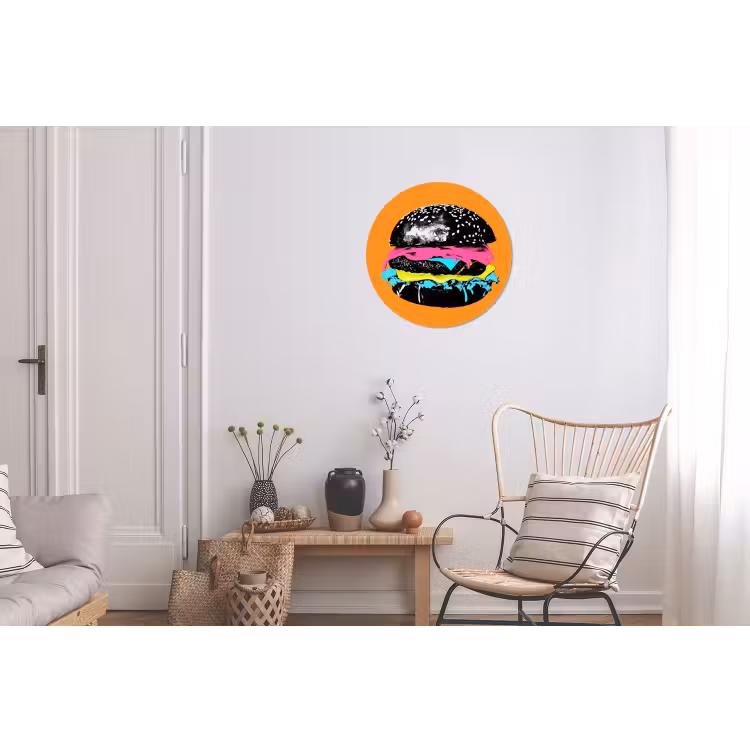 Hamburger - Oranje - Neon - popart Wandcirkel aluminium klein -woonkamer