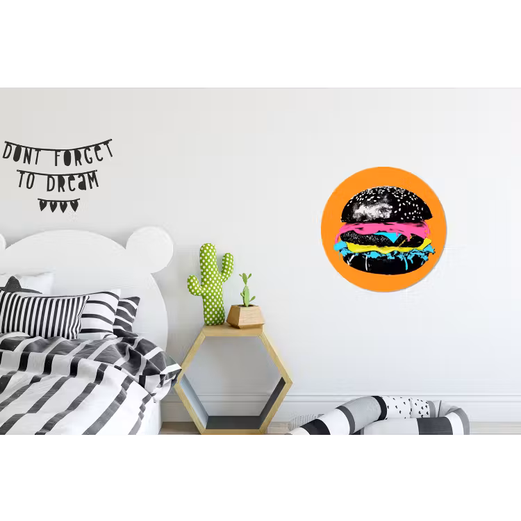 Hamburger - Oranje - Neon - popart Wandcirkel aluminium klein -kinderkamer