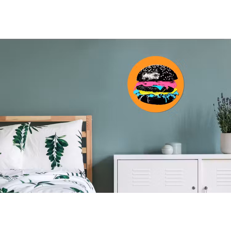 Hamburger - Oranje - Neon - popart Wandcirkel aluminium klein -slaapkamer