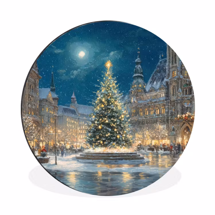 Kerstnacht - Stadsplein - Meerkleurig Wandcirkel aluminium klein -3d