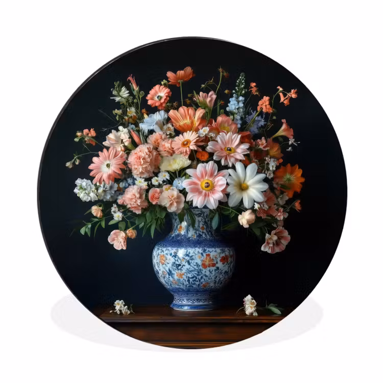Hout - Vaas - Kleuren - Bloemen Wandcirkel aluminium klein -3d