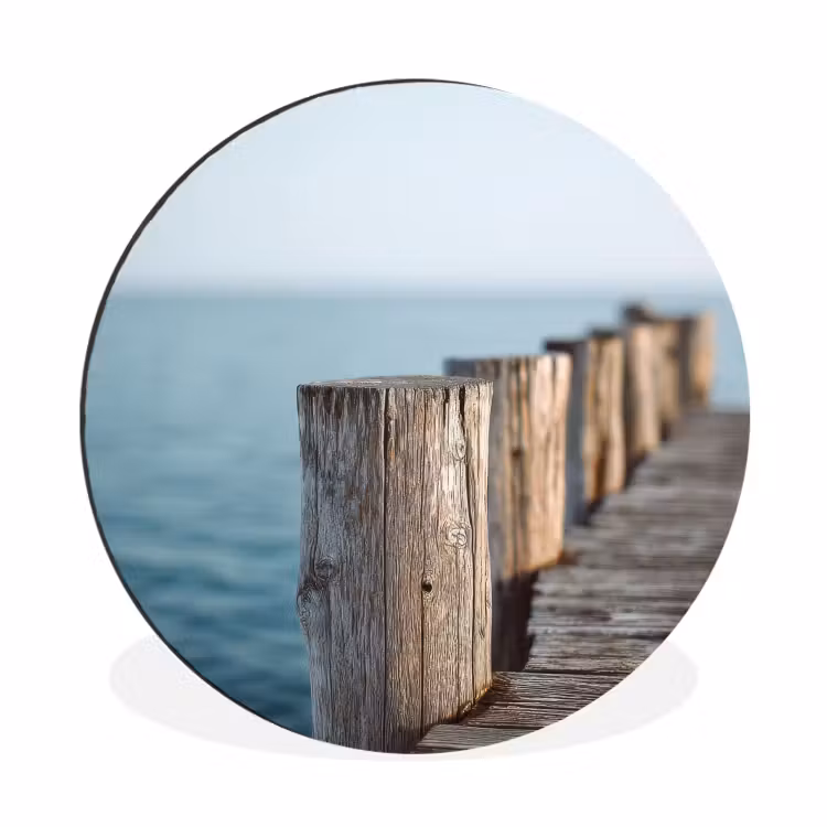 Houten steiger - Helderblauwe lucht Wandcirkel aluminium klein -3d
