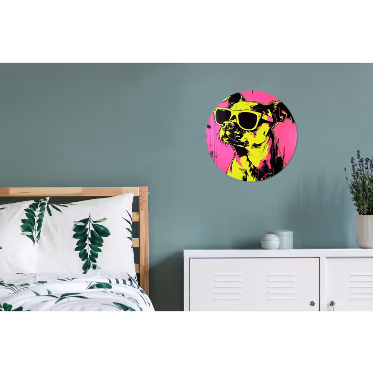 Hond - Zonnebril - Roze - Art Wandcirkel aluminium klein -slaapkamer