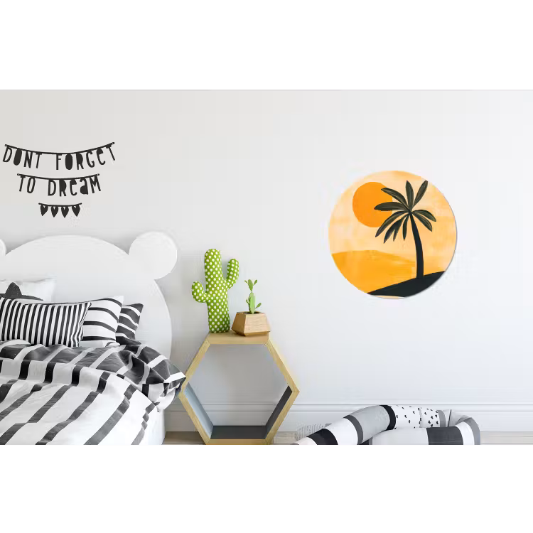 Illustratie - Palmboom - Zon - Heuvels Wandcirkel aluminium klein -kinderkamer