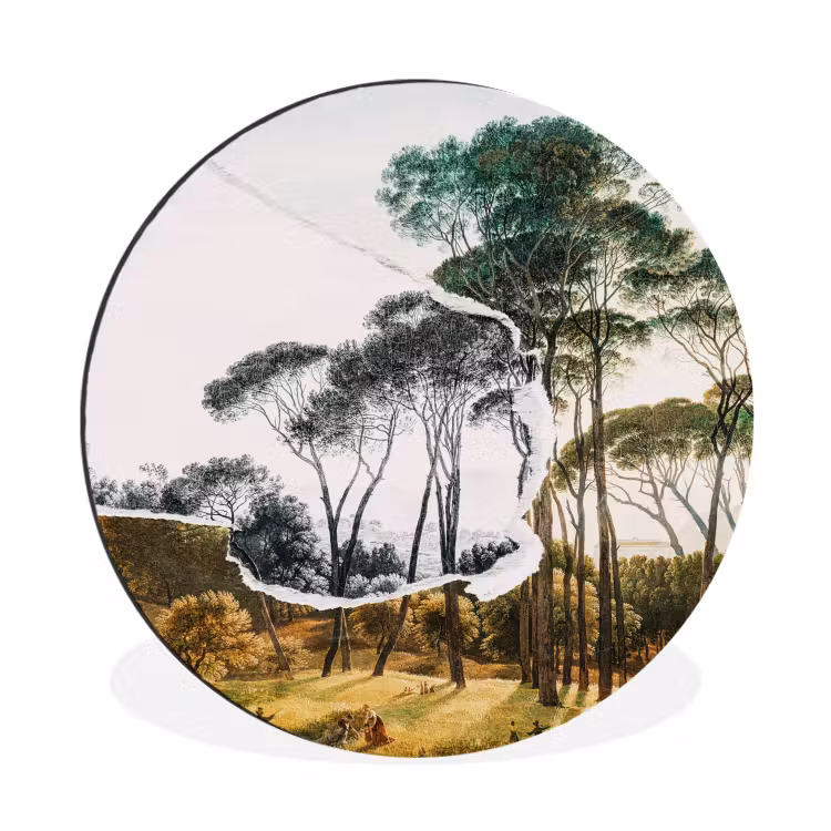 Italiaans landschap parasoldennen - Kunst - Hendrik Voogd - Schilderij - Zwart wit - Oude meesters Wandcirkel aluminium klein -3d