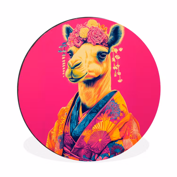 Kameel - Bloemen - Kimono - Waaiers Wandcirkel aluminium klein -3d