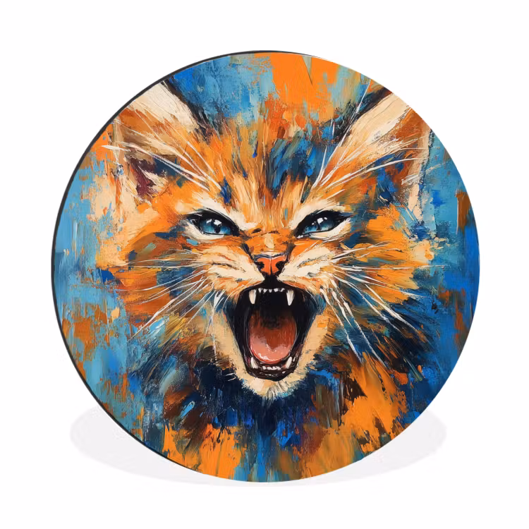 Kat - Kleurrijk - Oranje - Blauw Wandcirkel aluminium klein -3d