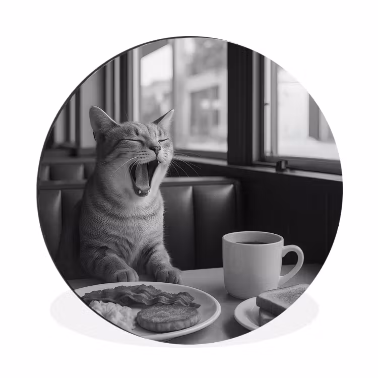 Kat - Koffie - Brood - Zwart Wandcirkel aluminium klein -3d