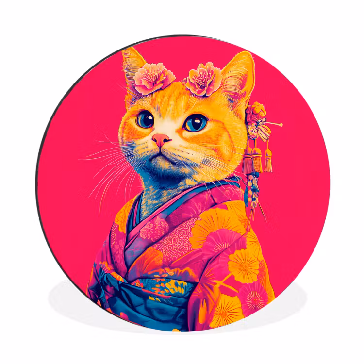Kat - Kimono - Bloemen - Roze Wandcirkel aluminium klein -3d