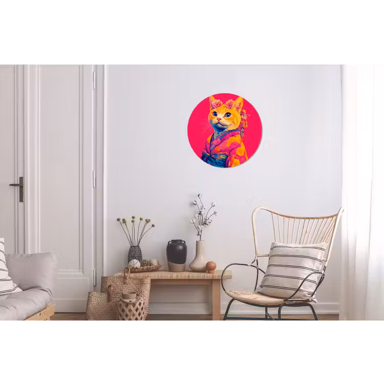 Kat - Kimono - Bloemen - Roze Wandcirkel aluminium klein -woonkamer