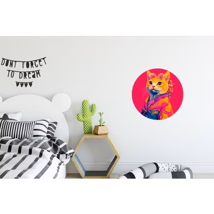 Kat - Kimono - Bloemen - Roze Wandcirkel aluminium klein -kinderkamer