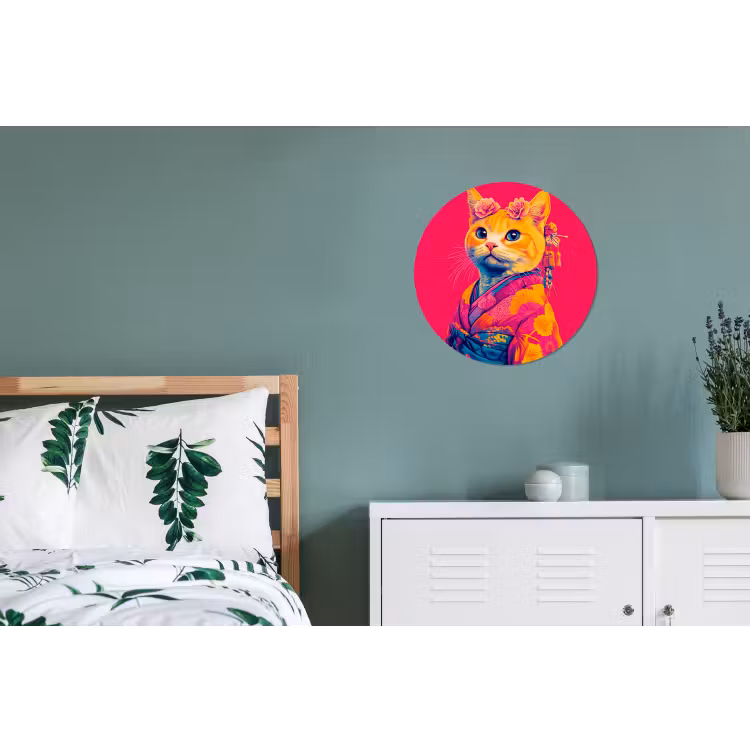 Kat - Kimono - Bloemen - Roze Wandcirkel aluminium klein -slaapkamer
