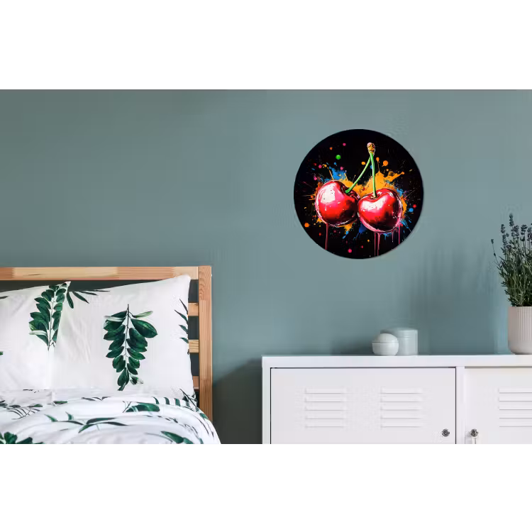 Kersen - Fruit - Graffiti - Verf - Abstract - Modern - Kleurrijk Wandcirkel aluminium klein -slaapkamer