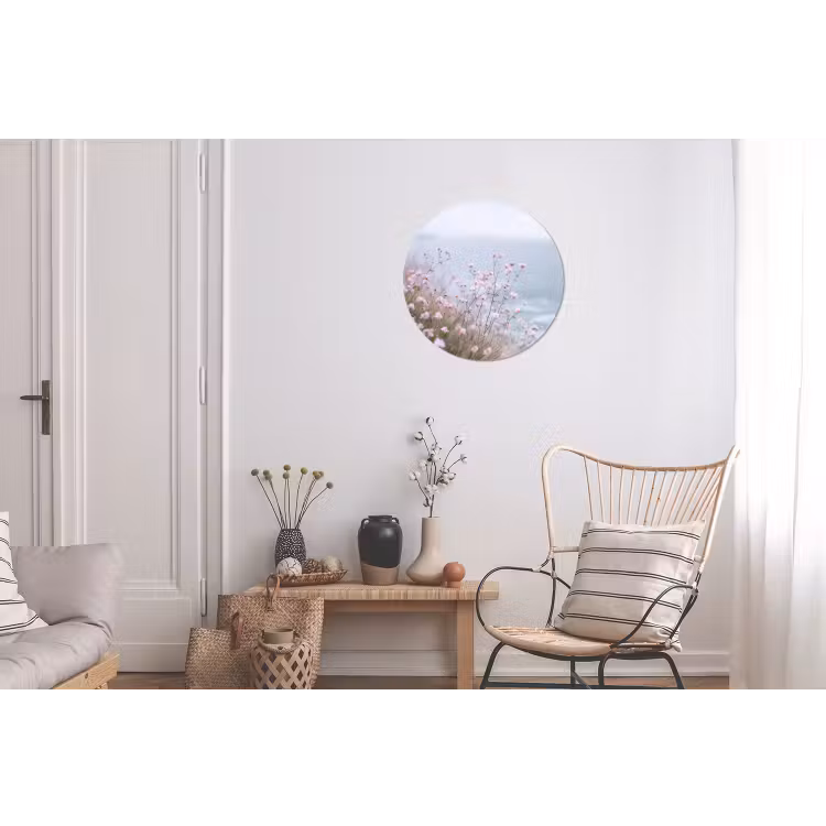 Klif - Bloemen - Zee - Roze Wandcirkel aluminium klein -woonkamer