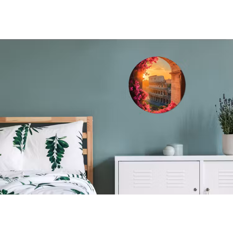 Colosseum - Rome - Roze Bloemen Wandcirkel aluminium klein -slaapkamer