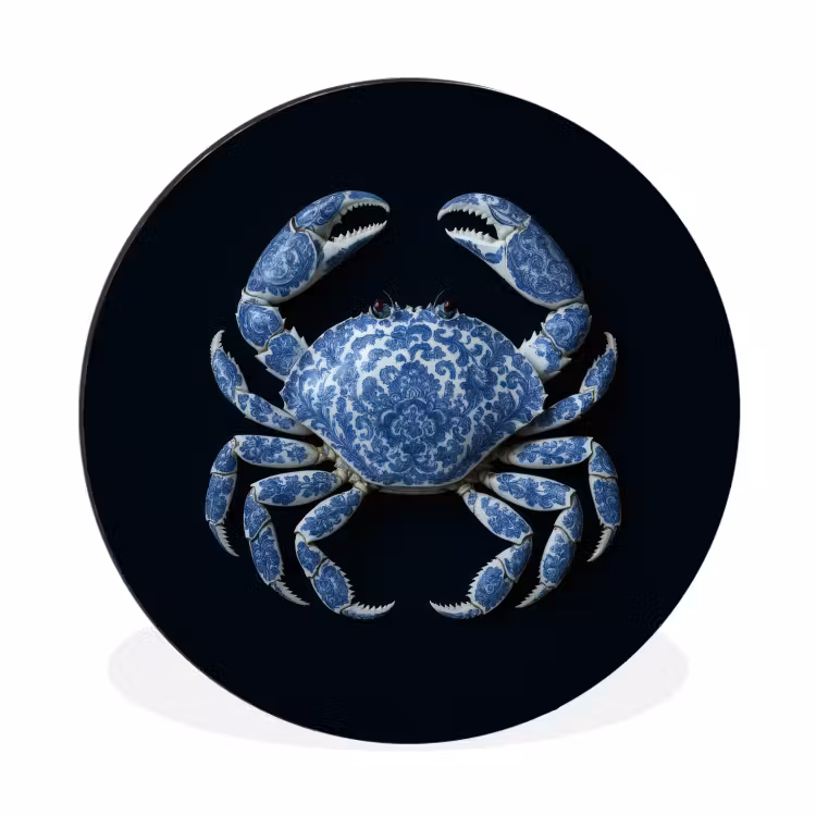 Krab - Delfts blauw - Dieren Wandcirkel aluminium klein -3d
