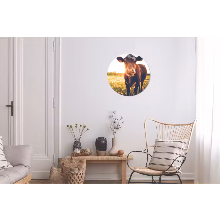Koe - Zonsondergang - Bloemen - Gras - Dieren Wandcirkel aluminium klein -woonkamer