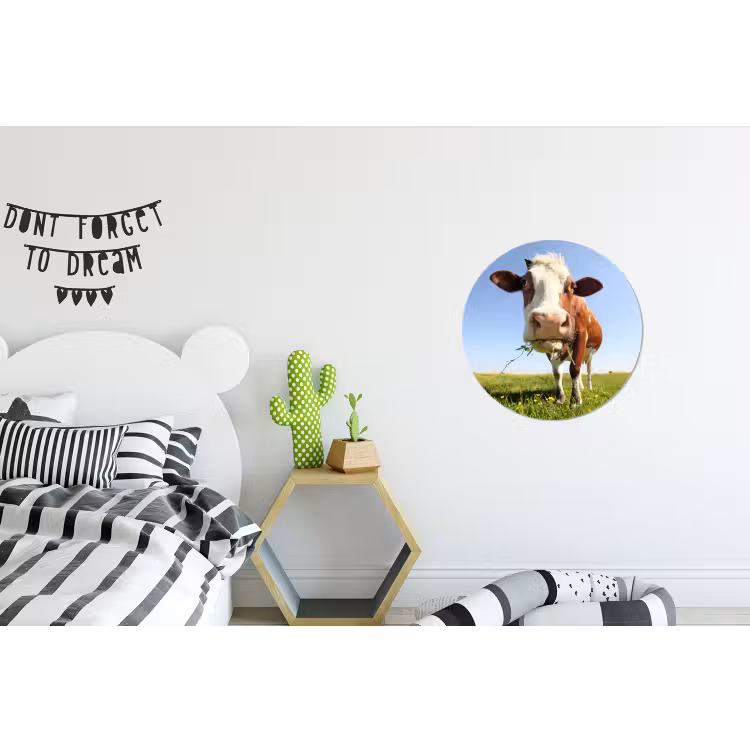 Koe - Dieren - Bloemen - Gras Wandcirkel aluminium klein -kinderkamer