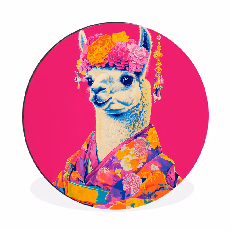 Lama - Kimono - Bloemenkrans - Felroze Wandcirkel aluminium klein -3d
