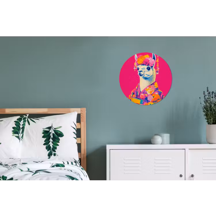 Lama - Kimono - Bloemenkrans - Felroze Wandcirkel aluminium klein -slaapkamer
