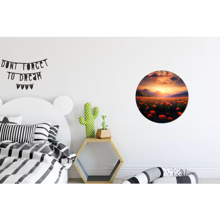 Landschap - Zonsondergang - Bloemenveld Wandcirkel aluminium klein -kinderkamer