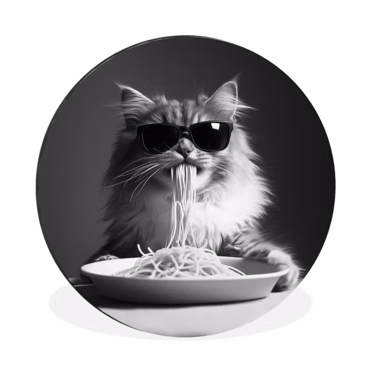 Langharige kat - Zonnebril - Spaghetti - Humor - Zwart - wit Wandcirkel aluminium klein -3d