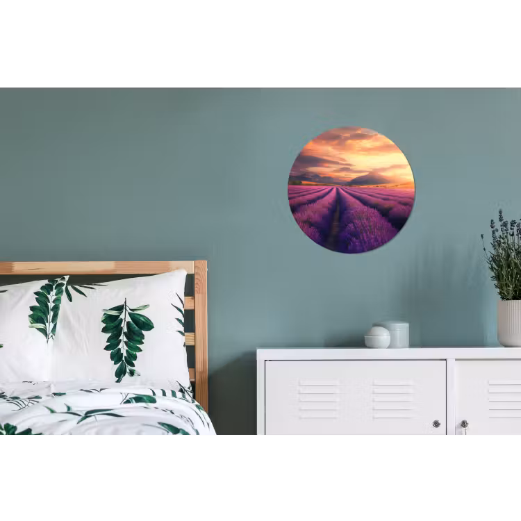 Lavendelveld - Zonsondergang - Paars Wandcirkel aluminium klein -slaapkamer