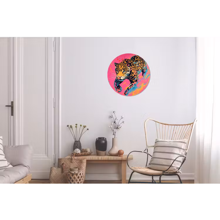 Luipaard - Roze - Oranje - Blauw - Verf Wandcirkel aluminium klein -woonkamer
