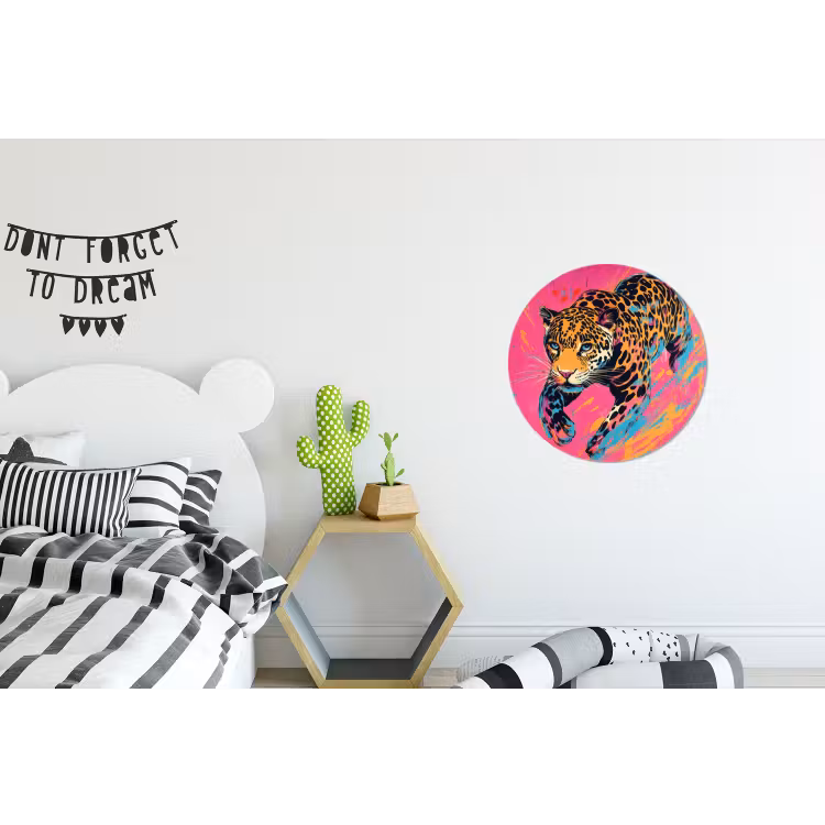 Luipaard - Roze - Oranje - Blauw - Verf Wandcirkel aluminium klein -kinderkamer