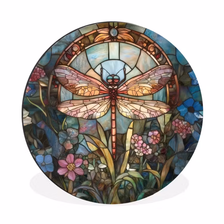 Libelle - Mozaïek - Bloemen - Kleurrijk Wandcirkel aluminium klein -3d