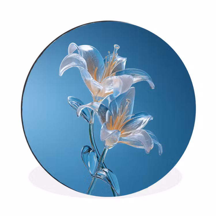 Lelies - Blauw - Glazen Wandcirkel aluminium klein -3d