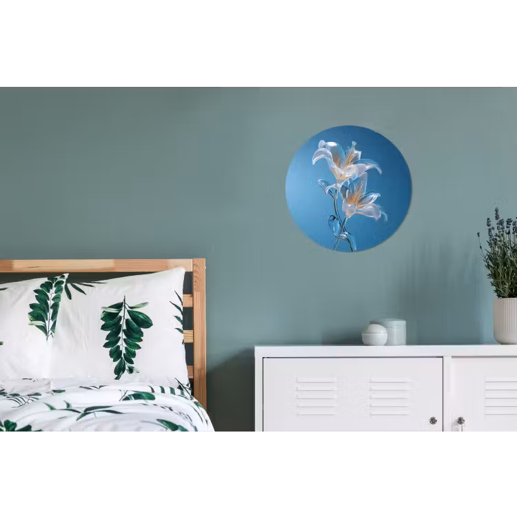 Lelies - Blauw - Glazen Wandcirkel aluminium klein -slaapkamer