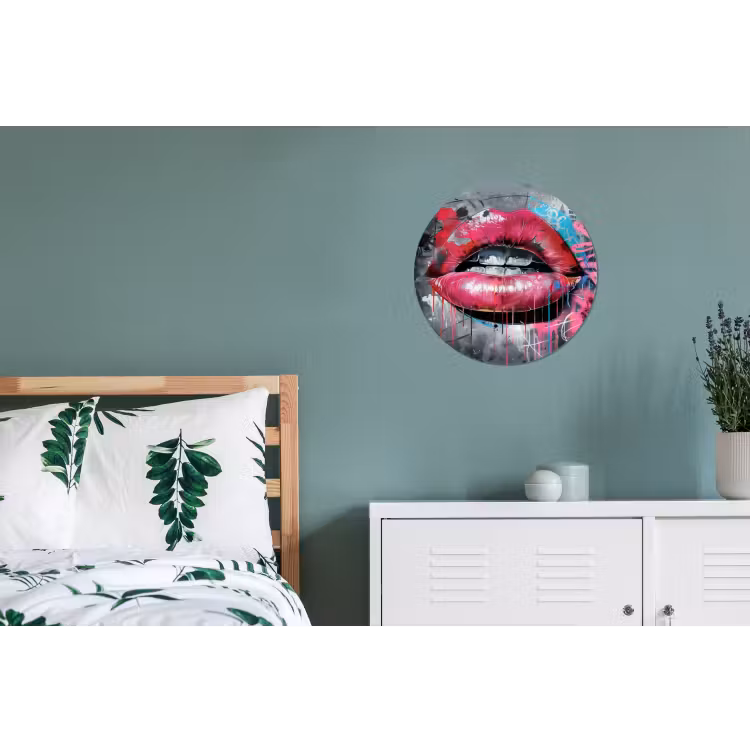 Lippen - Felroze - Graffiti - Verfstrepen Wandcirkel aluminium klein -slaapkamer